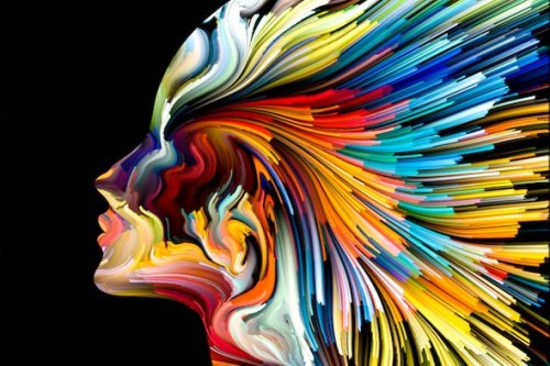 face in profile, facing leftward, with multiple colored lines swirling through and off the back in colorful array