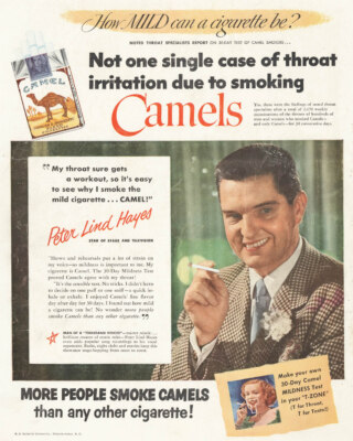 print ad for Camel cigarettes from 1950 showing actor Peter Lind Hayes and claiming 'not one single case of throat irritation due to smoking'
