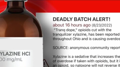 bottle with xylazine label next to alert notice with "DEADLY BATCH" warning from Ohio
