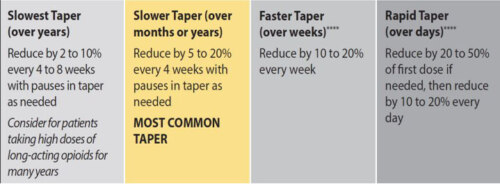 Four column chart with slowest taper (years) left most, slower taper (weeks or months) next, then Faster Taper (weeks) and rightmost Rapid Taper (days)