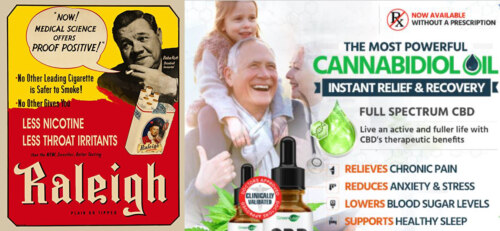 side-by-side advertisements making health claims for cigarettes and cannabis