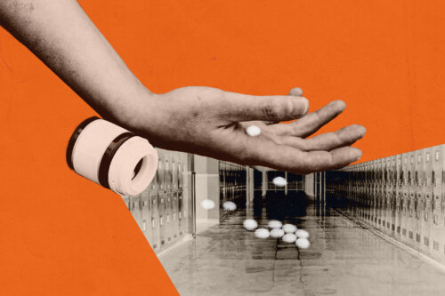 a limp hand superimposed on an orange background broken up by a pill bottle and pills superimposed on a school hallway with lockers