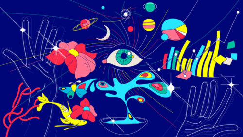 white line sketch of open hands on blue background, with array of bright colored images between them including pie chart, planets, eye, flower, bar graph, butterfly, etc.