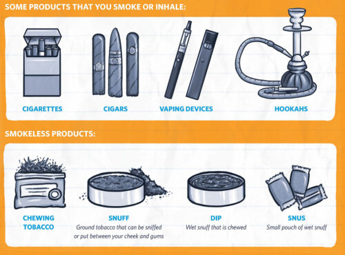 Orange-bordered two row array, top row "products you smoke or inhale" showing cigarettes, cigars, vaping devices, hookahs; and bottom row showing smokeless products: chewing tobacco, snuff, dip, and snus (pouches)