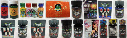 An array of small bottles, pill bubble packs, centered around a box, all products with tianeptine.