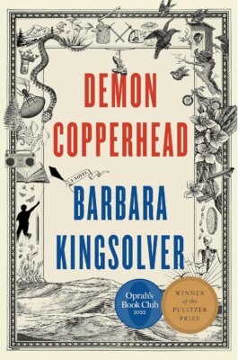 cover image of the book Demon Copperhead, with the title in red and author Barbara Kingsolver's name in blue, surrounded by a border of woodcut-style black and white figures of plants, animals, objects, etc.