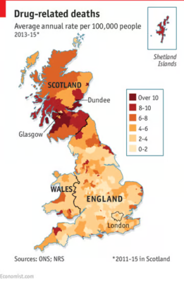 Map of Scotland, England and Wales showing drug deaths shaded by incidence from pale orange to dark red, with the highest incidence clustered in Scotland around Glasgow.