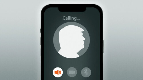 black and white image of smart phone screen showing icon of caller as profile like Trump, with volume icon red