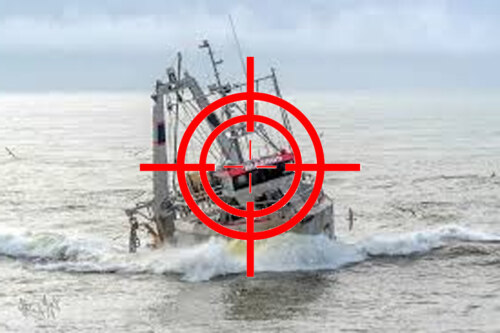 A small fishing boat on a rough sea, overlaid with red targeting crosshairs