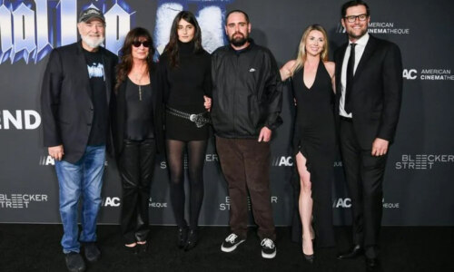 Photo (Richard Shotwell - Invision) of Reiner family arriving at premier of "Spinal Tap II: The End Continues". L-R Rob Reiner, Michele Singer Reiner, Romy Reiner, Nick Reiner, Maria Gilfillan, Jake Reiner.