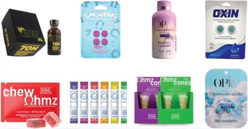 An array of bottles, boxes, packets, and blister packs with various 7-OH products contained.