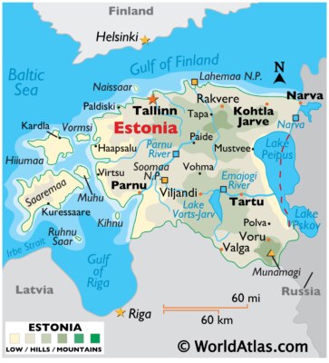 World Atlas image of Estonia map showing major cities with bodies of water (Gulf of Finland, Baltic Sea, Gulf og Riga) and states bordering (Russia, Latvia).