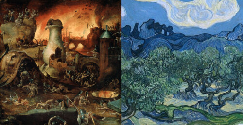 left side - Heironymous Bosch's painting of Hell. Right side - Van Gogh's "The Olive Garden"